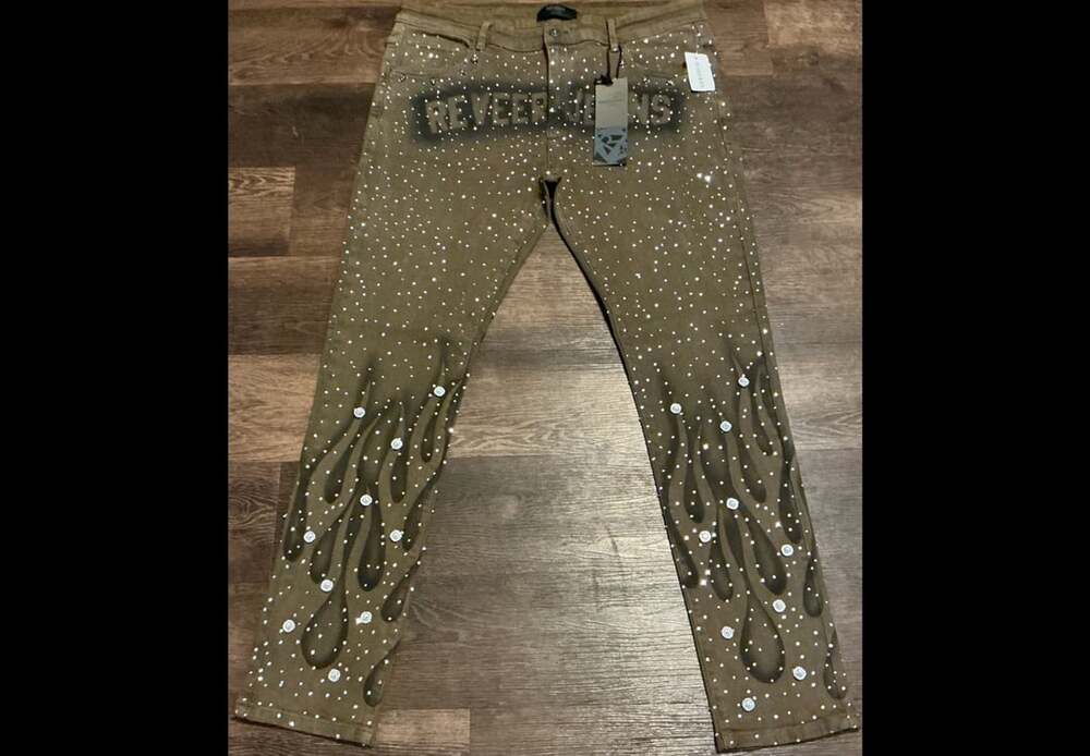 Reveer CO-13 Rhinestone Flame Brown Wash Skinny Jeans